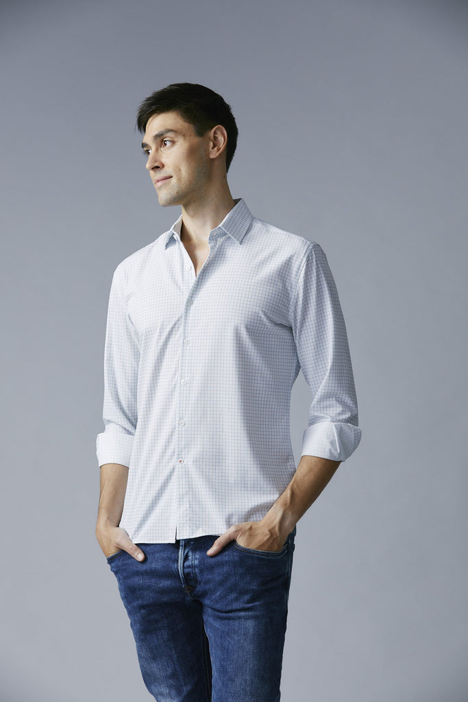 Deep V neck that sits lower than the second button to allow for a more casual, unbuttoned look